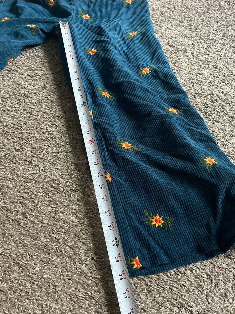 Women's Sunflower Embroidered Corduroy Overalls Teal Medium Boho Wide Leg - Picture 6 of 7